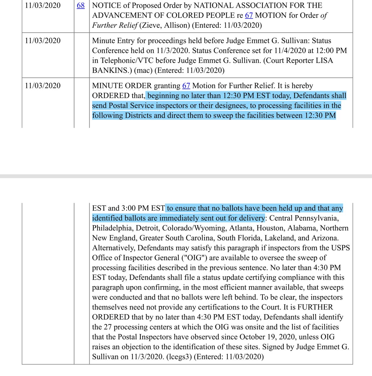  #BREAKING “shall send USPS inspectors or their designees, to processing facilities in the following Districts.. direct them to sweep the facilities ...No later than 4:30 PMEST today, Defendants shall file a status update certifying compliance with this paragraph upon confirming