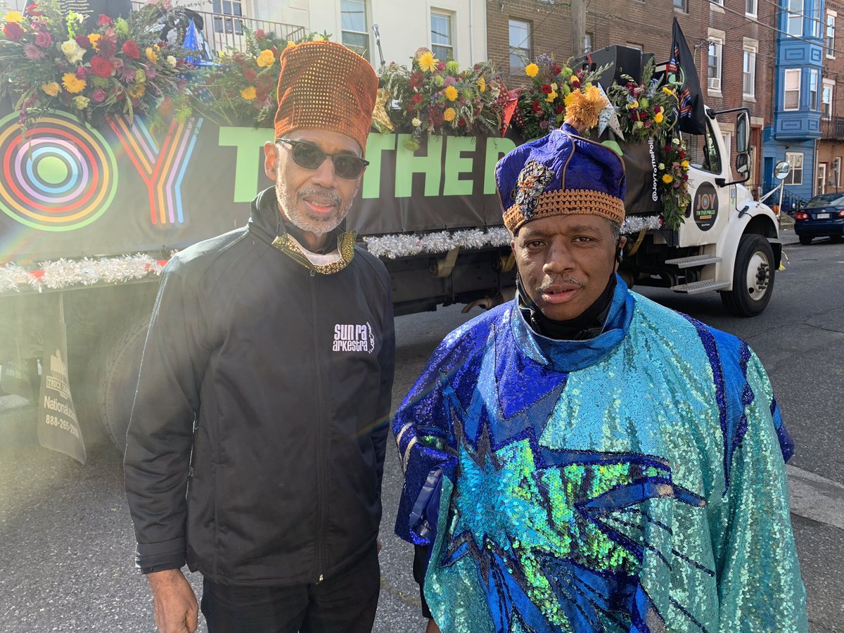 James Stewart (right) and Vincent Chauncey are members of the Sun-Ra Arkestra. The band has performed in Philly and other cities during presidential elections for over 30 years. Today, they performed outside of St. Marons.“We go where the country needs us,” said Chauncey.