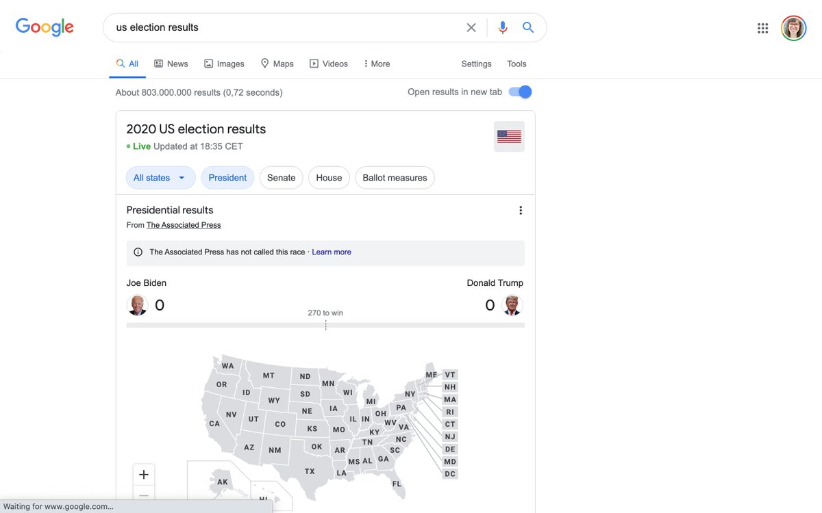 More dashboards! Thanks to  @flaviogortana,  @juliustroeger &  @rbamattre for the pointers. la Repubblica:  https://www.repubblica.it/dossier/esteri/elezioni-usa-2020-presidenziali-biden-trump ZEIT Online:  https://www.zeit.de/politik/ausland/2020-11/us-wahl-ergebnisse-donald-trump-joe-biden-auszaehlung-hochrechnung-live CBC News:  https://newsinteractives.cbc.ca/elections/us/2020/results/ Google:  https://www.google.com/search?q=us+election+results