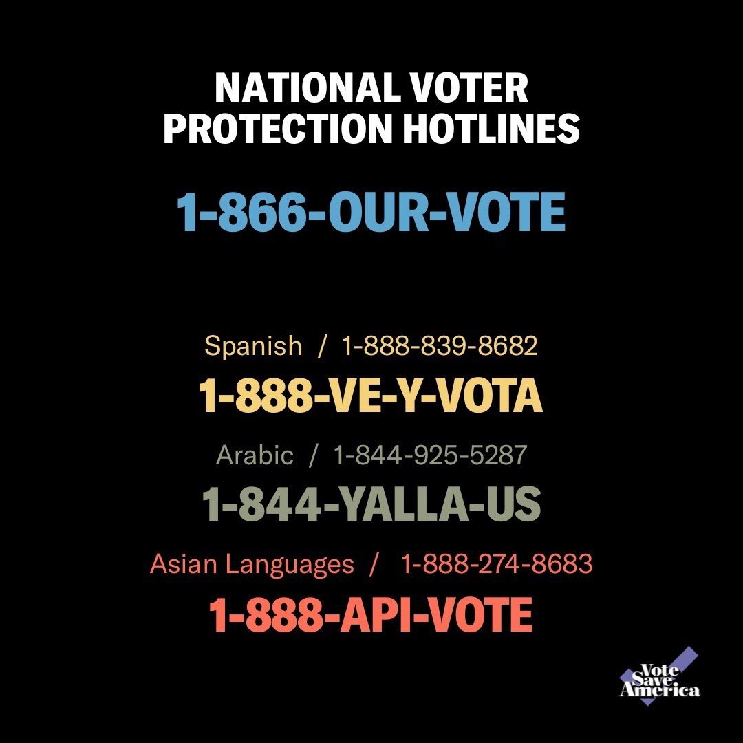 If you are in line to vote when your polling location closes, DON'T LEAVE! You are legally entitled to stay in line and cast your ballot, no matter how long it takes. If someone is trying to turn you away or stop you from voting, you can also call any of these national hotlines.