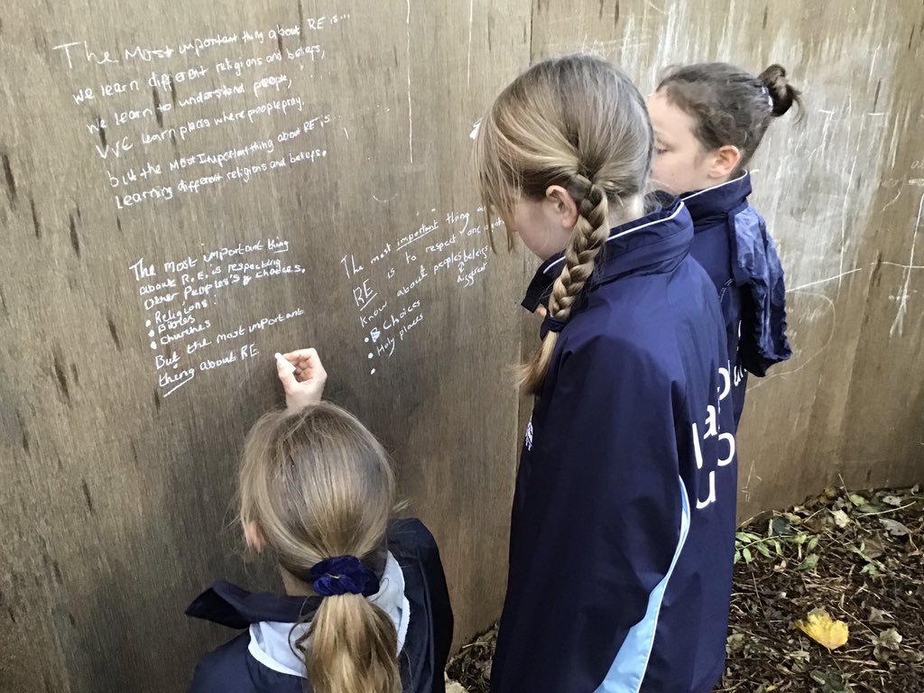 LaxtonJunior's tweet photo. We are starting our #InterFaithWeek activities early! #LJSYearSix were inspired by #theimportantbook to write their own thoughts about the importance of RE. Our woodland garden art wall was the perfect setting! #britishvalues #mutualrespect #LJSRE #outdoorlearning @IFWeek https://t.co/ubk2wzWc05