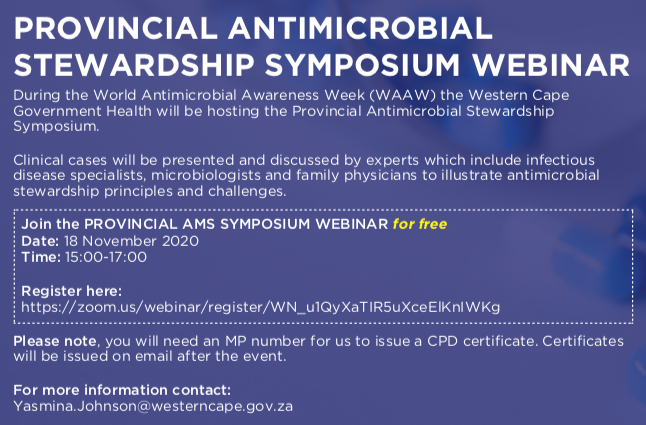 SouthAfricanASP's tweet photo. A 2-hour World Antibiotics Awareness Week #AntimicrobialStewardship symposium on 18th November 2020 at 3pm SAST - free registration https://t.co/af9WQZcAFS . All welcome! #ProtectAntibioticsZA @ABpreservation @fidssa1 @_FaceSA @inspired2leadQH @WestCapeHealth https://t.co/Md0SHz64Xh