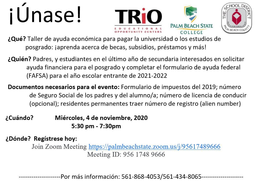 JavierOrtolaza's tweet photo. FAFSA Workshop
Students will receive FSA ID &amp; FAFSA Application Assistance
Wednesday, Nov 4, 2020 at 5:30 PM @TrioEOC_PBSC @harveyoaxaca https://t.co/khxdVERbD2