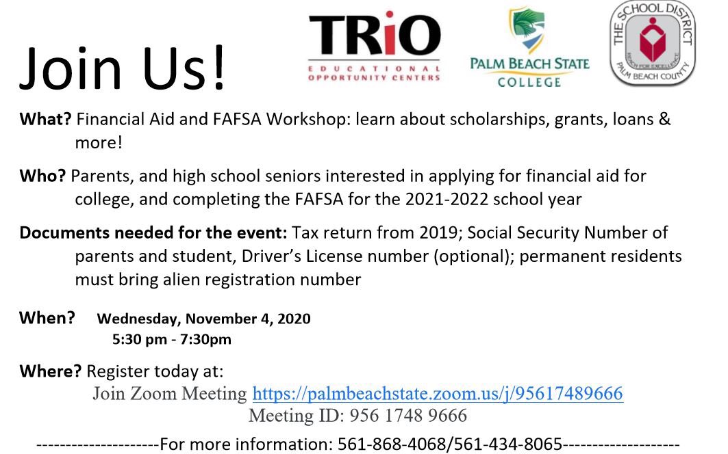 JavierOrtolaza's tweet photo. FAFSA Workshop
Students will receive FSA ID &amp; FAFSA Application Assistance
Wednesday, Nov 4, 2020 at 5:30 PM @TrioEOC_PBSC @harveyoaxaca https://t.co/khxdVERbD2