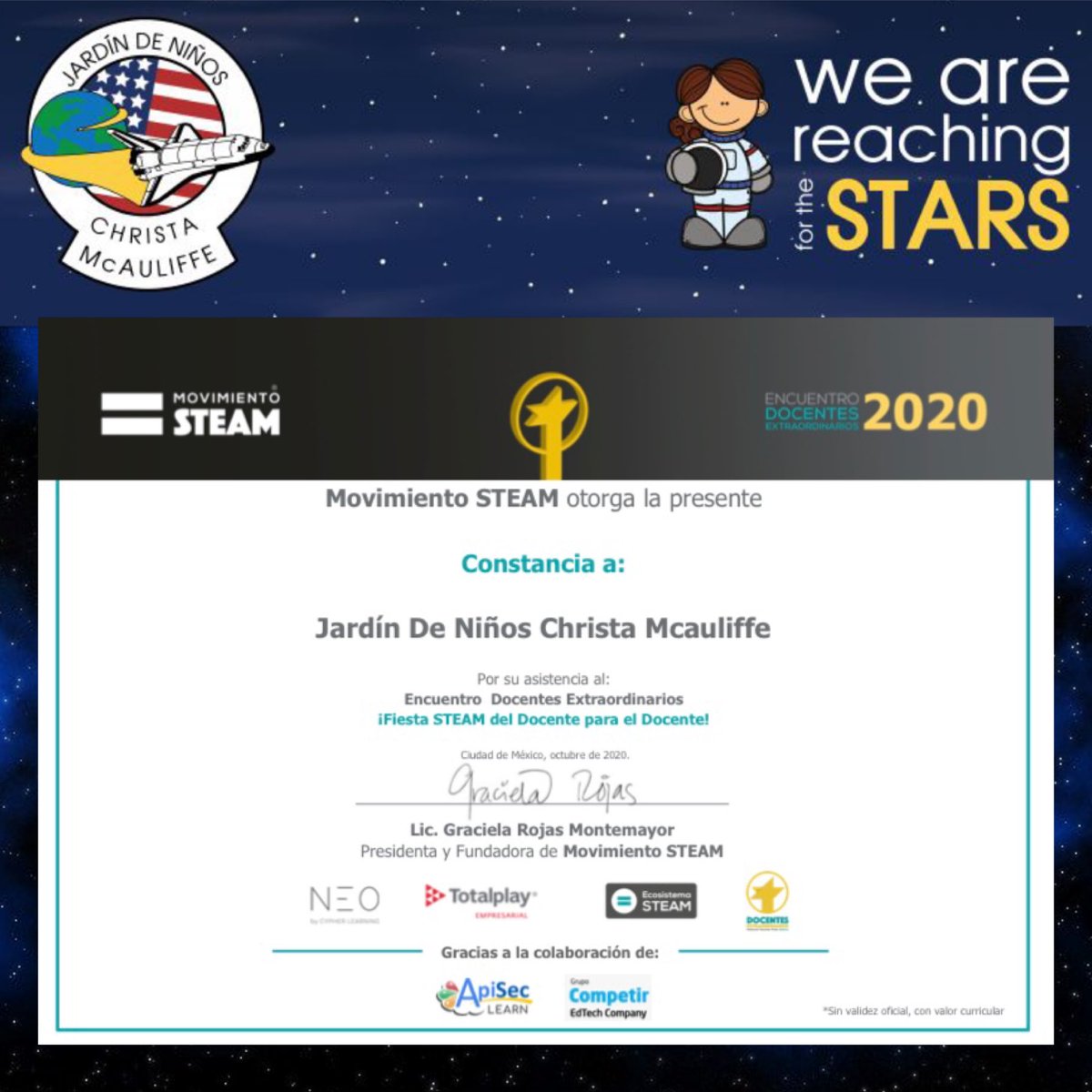 JardinChrista's tweet photo. Encuentro Docentes Extraordinarios 20202
#JardinChrista #JuniorAstronauts #DocentesExtraordinarios #MovimientoSTEAM #WeAreReachingForTheStars #SoyDocenteSTEM #PreescolarSTEM #WeAreSTEM #SomosSTEM #MentoraMHE #STEM #STEMembassador #SpaceStationAmbassador #SpaceStationExplorers https://t.co/rHybChREdf