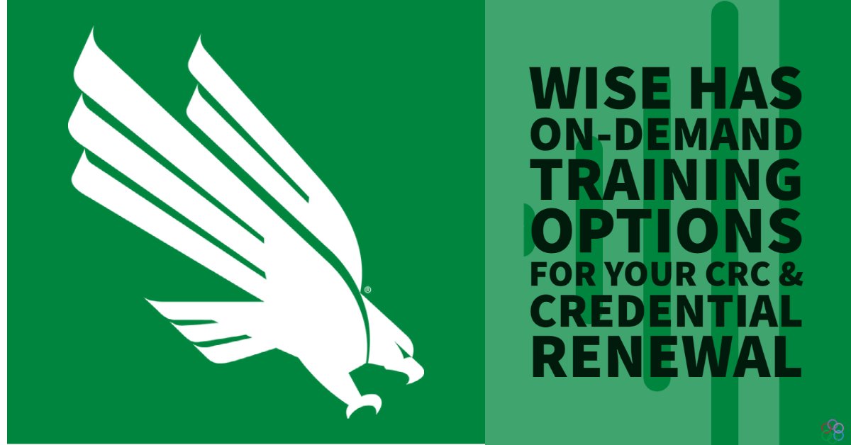 <a href="/untwise/">UNT WISE</a> has over 20 On-Demand options for your CRC and/or Credential Renewal!
Click ---&gt; bit.ly/37ZbpL5 to see our full catalog!