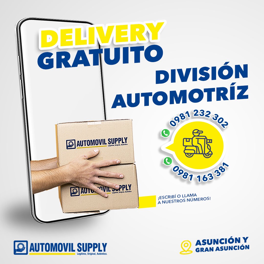 AutomovilSupply's tweet photo. ¡Adquirí los productos de #AutomovilSupply y recibilos en la puerta de tu casa! 🚚 Contamos con Delivery Gratuito en Asunción y Gran Asunción. ¡Hace tus pedidos al Call Center!

𝐃𝐢𝐯𝐢𝐬𝐢𝐨́𝐧 𝐀𝐮𝐭𝐨𝐦𝐨𝐭𝐫𝐢𝐳:

📲 https://t.co/Xd2ZI8SmOp 
📲 https://t.co/jgEvQABqvo https://t.co/WOlrDbKkYA