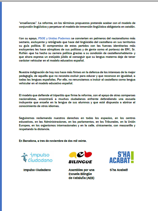 AEBCatalunya's tweet photo. 🔴COMUNICADO de @AEBCatalunya @Impulso_Ciudada y @ShaAcabat sobre la eliminación del castellano como lengua vehicular en la nueva Ley de Educación

Lee aquí nuestra respuesta conjunta al nuevo atropello a los derechos lingüísticos de todos los españoles👇 https://t.co/2tAaO3e3J6