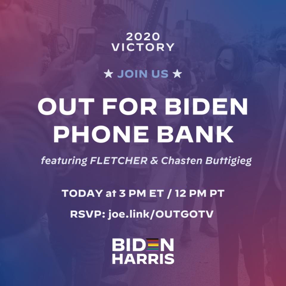 join me &amp; <a href="/Chasten/">Chasten Glezman Buttigieg</a> for final phone bank today encouraging voters to get out for <a href="/JoeBiden/">Joe Biden</a> / <a href="/KamalaHarris/">Kamala Harris</a> &amp; to support lgbtq+ down-ticket candidates 🤍 joe.link/OUTGOTV