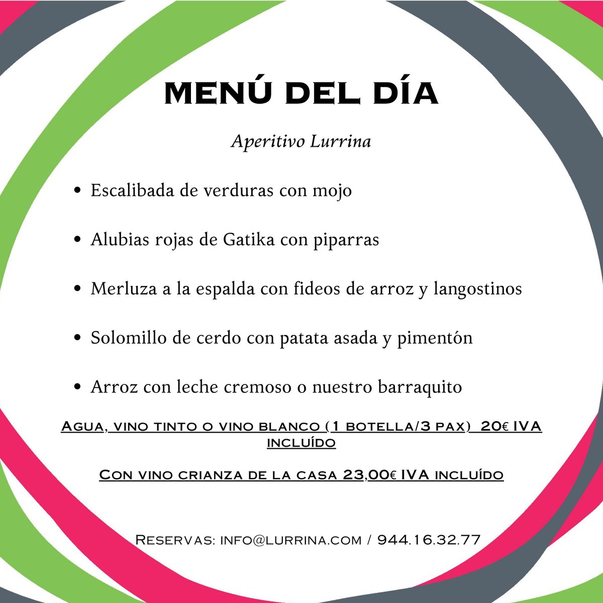 LurrinaR's tweet photo. ¿Qué os parece el menú del día que ofrecemos esta semana? 😃
✋🏾No olvides reservar y compartir😉
📩info@lurrina.com
☎️94 416 32 77
📲WhatsApp: 680417600
#lurrina #bilbao #bilbo #botxo #menúdeldíabilbao https://t.co/6KVx9d1KxG