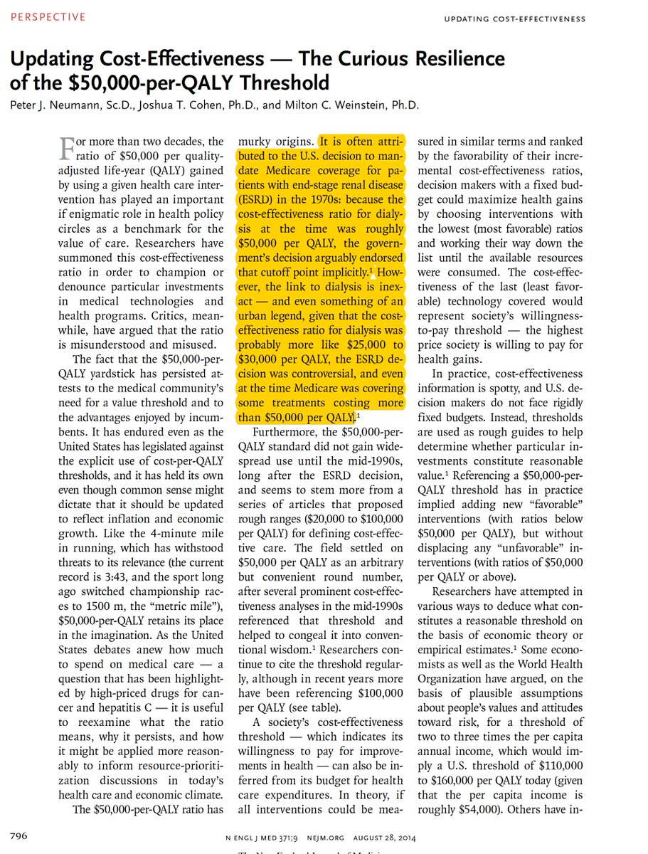 (Spoiler alert: the idea that the US threshold is based on how much Medicare pays for dialysis is urban legend).  @NEJM  @TuftsCEVR 6/