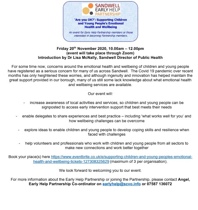 EarlyHelpPtr's tweet photo. Supporting Children and Young People's Emotional Health &amp; Wellbeing Event. 

Work or Volunteer and support CYP in Sandwell?
-Increase awareness
-Share experiences
-Explore ideas
-Make new connections..
..and more!

Book your place at https://t.co/8NN1KYHJdz https://t.co/5b6TMMDG8X