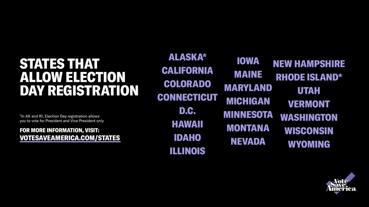 how_to_vote's tweet photo. Forgot to register? You can register and vote today in these states:

Most of these states require you to bring an ID and proof of residency to register. Go to https://t.co/AOkkBUYBXt to find out what you need. https://t.co/r1J8kCL5Xn