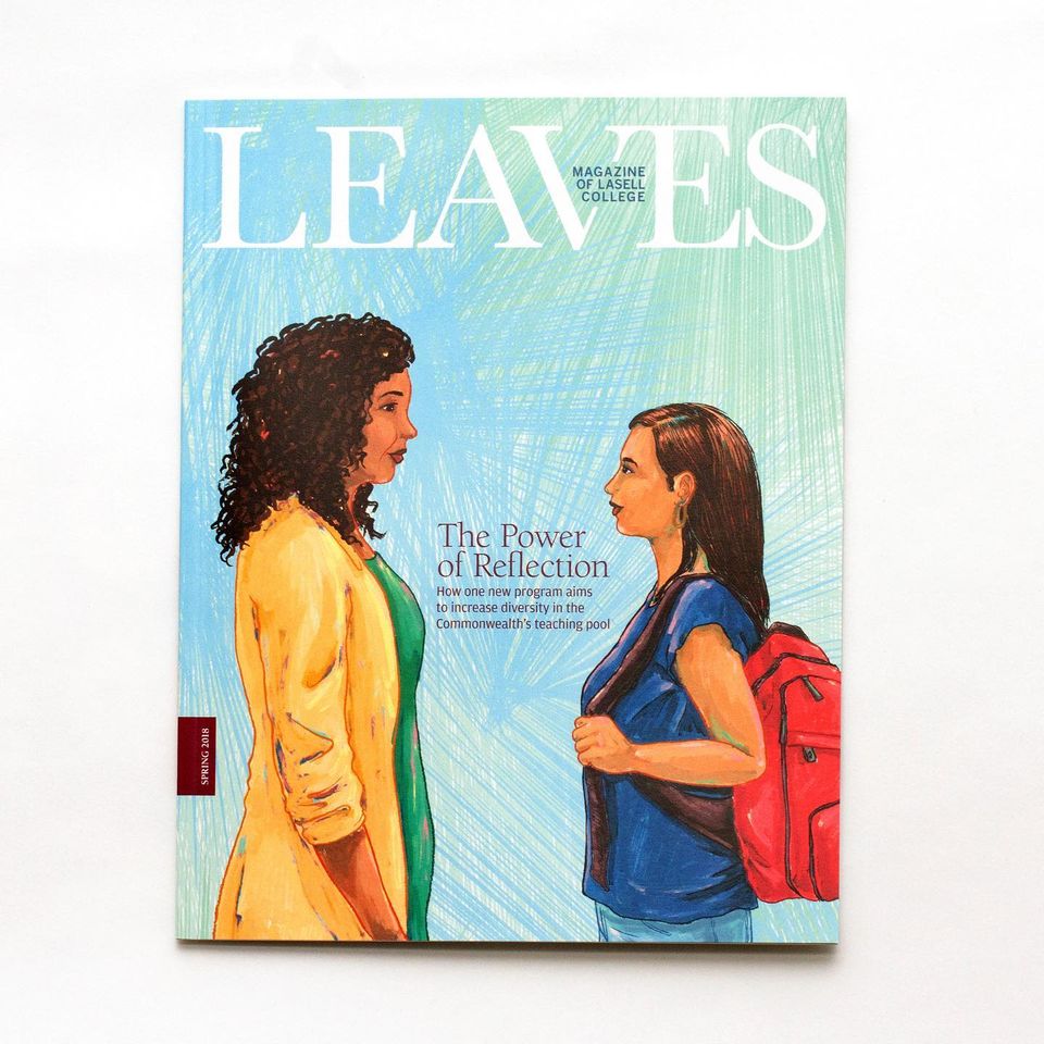 AceCreativeLLC's tweet photo. Cover design/ feature story from the debut of @lasell_u Leaves alumni magazine several years ago. With @mkondrich  illustrated ideas about representation &amp; diversity issues in classroom and how Lasell is helping. #editorialdesign #designforhighereducation  #diversityandinclusion https://t.co/FBHIt3RNXL