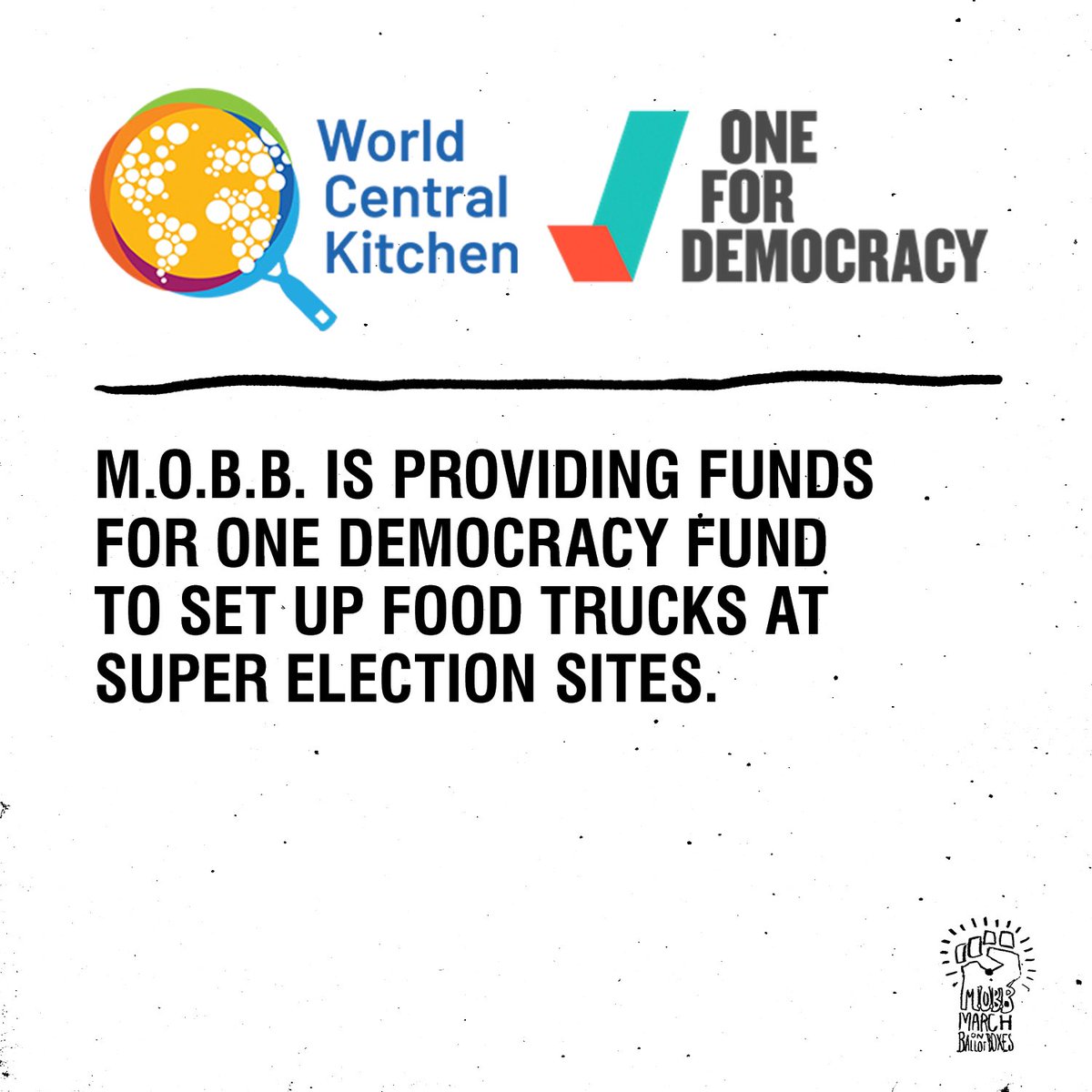 MarchOnBallots's tweet photo. @WCKitchen &amp; @1forDemocracy 
will set up food trucks at 
super election sites. https://t.co/OfqBe5E2Kr