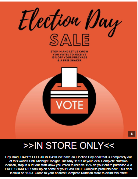 MusclebyMaxwell's tweet photo. Election Day Sale at Complete Nutrition - https://t.co/bzlepTHBrF https://t.co/RjDlAR3SZq