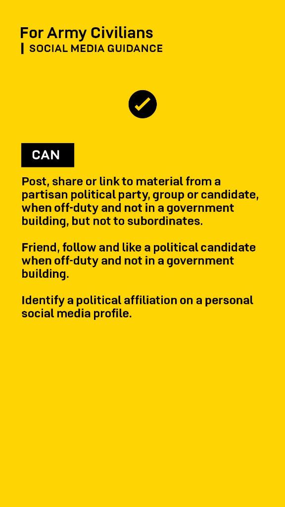 USArmy's tweet image. #ThinkTypePost

Your actions affect your career and the @DeptofDefense online just as much as they do in person.

Here are some department issued guidelines for active-duty service members, active-duty National Guardsmen, and federal employees.

More at ➡️ go.usa.gov/x7KhE
