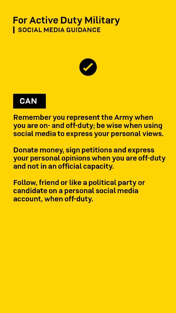 USArmy's tweet image. #ThinkTypePost

Your actions affect your career and the @DeptofDefense online just as much as they do in person.

Here are some department issued guidelines for active-duty service members, active-duty National Guardsmen, and federal employees.

More at ➡️ go.usa.gov/x7KhE