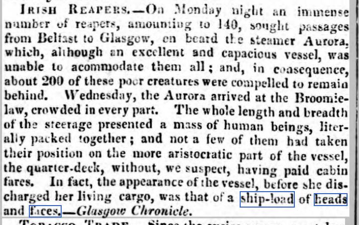 For the deck cargo was human beings, so tightly packed together that the pink tinge they saw, from that distance, was the faces of humans, crammed closely together on the ship's decks. They were to become known as '' the ships of heads and faces '' ''