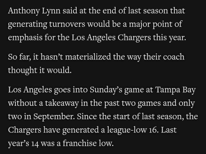 Not only that but the Chargers were not and are still not generating turnovers, which Lynn wanted (who doesn't?).But again, there's a pass pre-BYE when they're out of players and Bosa has one arm.THEN it falls apart.