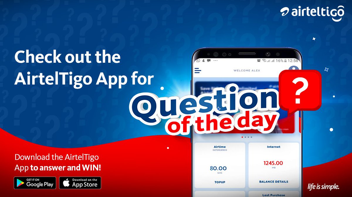 theatghana's tweet photo. Check the #AirtelTigoApp for the Question of the Day and be the first to reply with the correct answer to this tweet to win 1-month Xtra Unlimited Calls Bundle for free. 

Click here>>> https://t.co/NhPwZ7BeBd to download our App! #LifeIsSimple https://t.co/TR2NHdsyz4