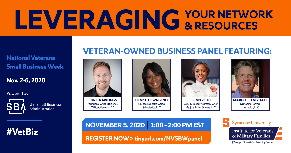 <a href="/IVMFSyracuseU/">IVMF at Syracuse University</a> A1: 👋 #Veteran entrepreneurs: Be sure to leverage your network &amp; resources when preparing to start or grow your #VetBiz! Learn how to do just that during the <a href="/SBAgov/">SBA</a> and <a href="/IVMFSyracuseU/">IVMF at Syracuse University</a> webinar this Thursday, at 1 p.m. ET 👉 tinyurl.com/NVSBWpanel #IVMFTwitterChat