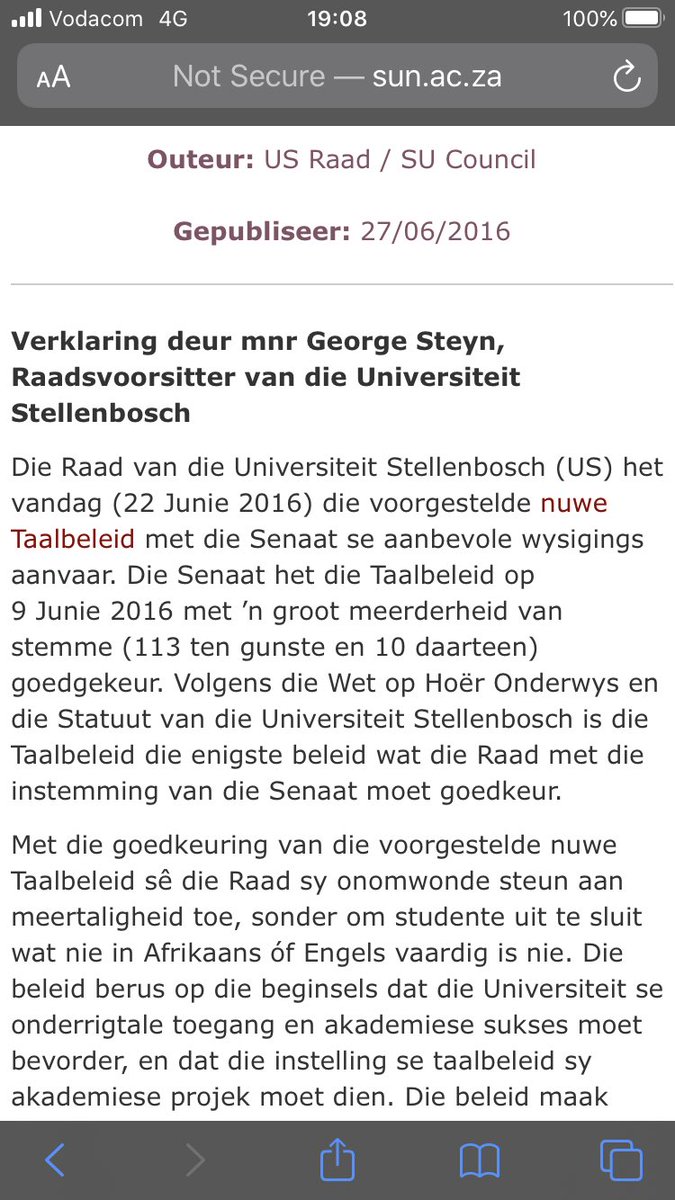 Kom ons staan ń bietjie nader aan die ding.Stellies se nuwe taal belied was in 2016 deur hulle Raad aanvaar met 113 ten gunste en tien, ja 10, ń hele 8% was teen dit. ń “political” besluit? Waar val julle uit die boom met daai? Hulle. Raad. Het. Gestem. Net soos julle kongres