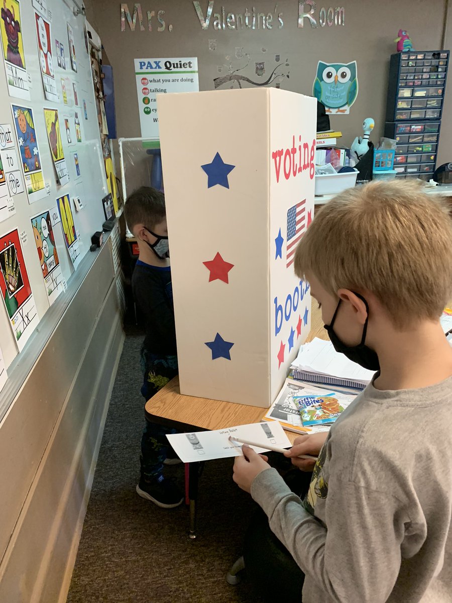 DWValentineFam's tweet photo. Lots going on in #firstgrade today!! “Grace for President” was our #ColtReadAloud and gummi worm voting in the #VotingBooth @jennoevancho @RHLSD_Colts #NationalPictureBookMonth https://t.co/Yzmikr8vlA