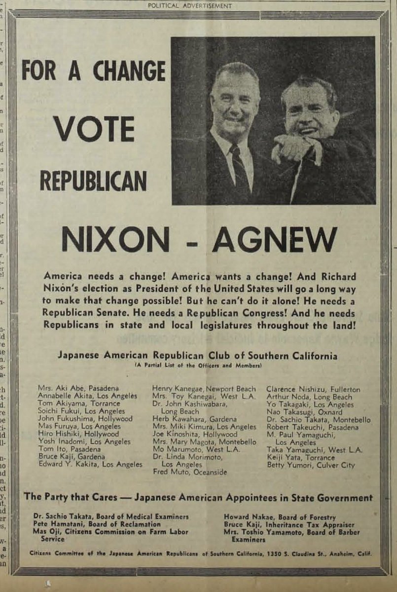 Always important to keep in mind: Asian Americans have long been + remain politically / ideologically diverse. We don't all look alike + we certainly don't all think alike.Exhibit A: Japanese Americans for NIXON-AGNEW (PACIFIC CITIZEN, Nov 1, 1968) https://pacificcitizen.org/wp-content/uploads/archives-menu/Vol.067_%2318_Nov_01_1968.pdf