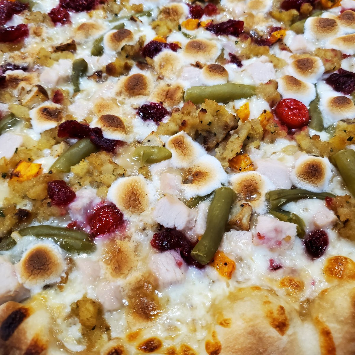 Main_Slice's tweet image. It's that time of year again, the Monthly Special is Thanksgiving Leftover Pizza.
Turkey Gravy with Mozzarella, Turkey, Stuffing, Potatoes, Sweet Potatoes, Green Beans, Homemade Cranberry Sauce, and Marshmallows, Drizzled with more Gravy
