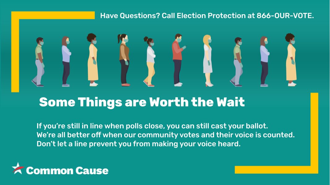 JennSolt's tweet image. If you're in line when polls close, stay in line - call 866-OUR-VOTE with questions!