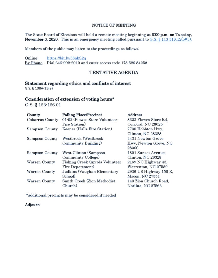 NOW: North Carolina’s State Elections Board discusses polling place extensions for polls late to open this morning in 7 locations, including polls in Sampson, Warren, and Cabarrus.  #ncpol