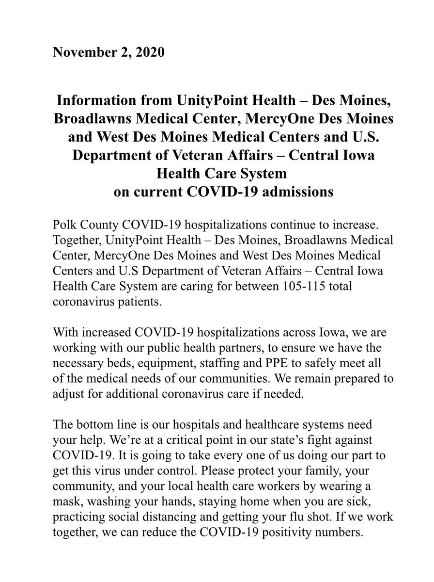 pcmsiowa's tweet photo. A JOINT STATEMENT FROM POLK COUNTY JOINT I FORMATION CENTER PRESS RELEASE: 
 
The bottom line is our hospitals and healthcare systems need your help. We’re at a critical point in our state’s fight against COVID-19. https://t.co/UYpeJvVRRp