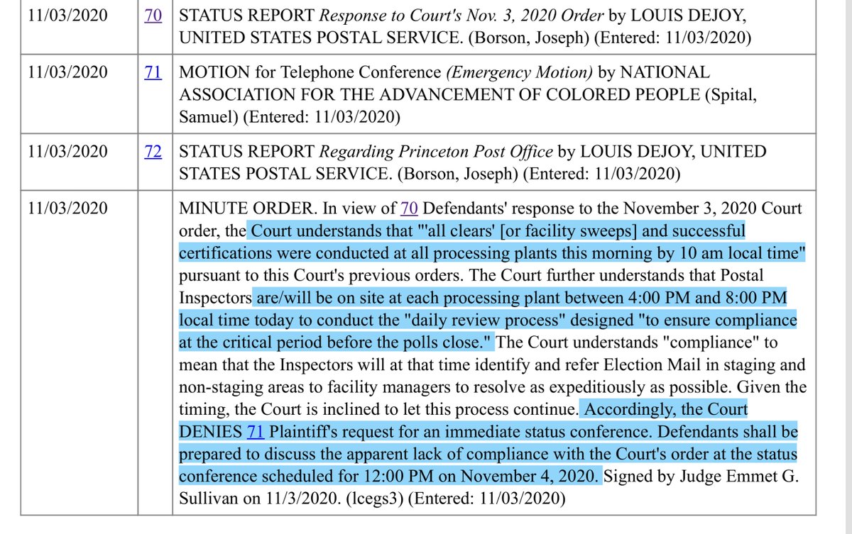 listen to me CALM the bleep down “Court DENIES Plaintiff's request for an immediate status conference. Defendants shall be prepared to discuss the apparent lack of compliance with the Court's order at the status conference scheduled for 12:00 PM on Nov 4, 2020”