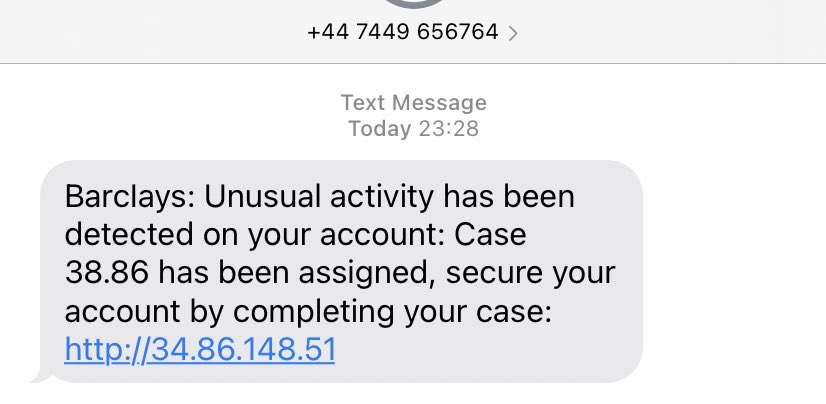 harrogatetom's tweet photo. @BarclaysUKHelp just received this text message! I don’t bank with you - just in case you wish to investigate https://t.co/pe8BPlcXTO