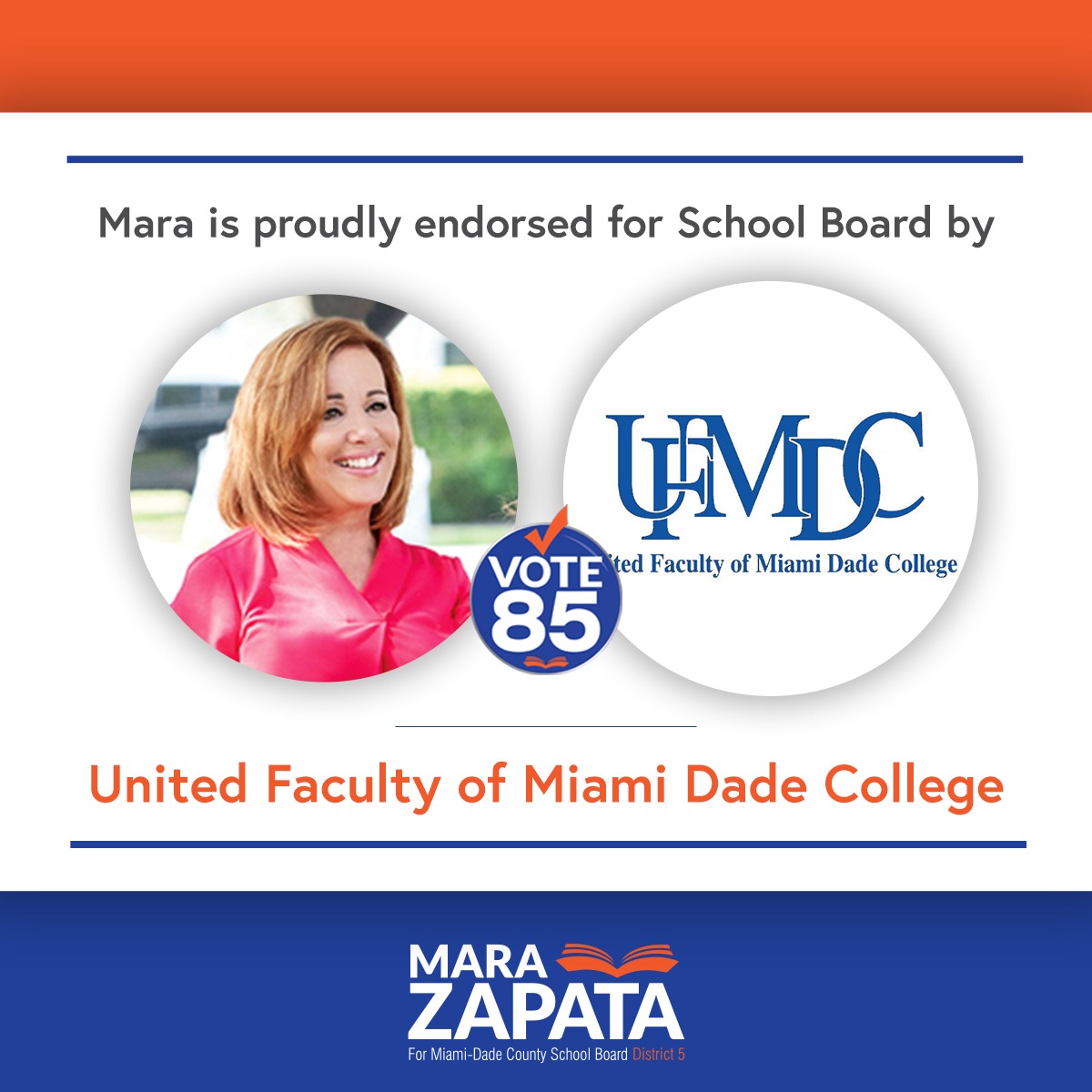 ElectMaraZapata's tweet photo. I am honored and proud to have United Faculty of Miami Dade College and their amazing group of educators endorse my candidacy for the Miami Dade School Board in District 5.

#vote85 #teamzapata #MiamiDade #schoolboard #district5 #Thankyou #election2020🇺🇸 #yourvotecounts https://t.co/EZA5iITnTR