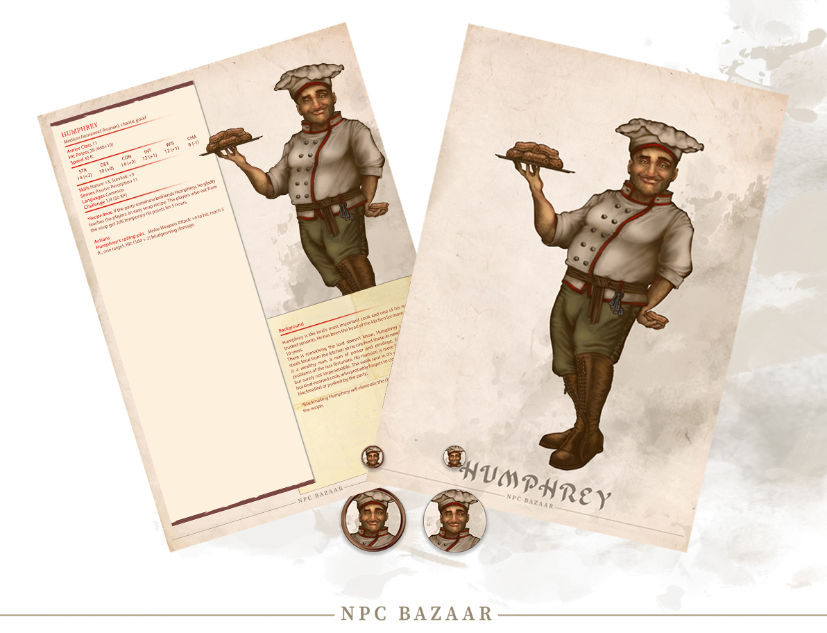 npc_bazaar's tweet photo. Free!
Let me introduce you to the first character of the Bazaar, Humphrey the friendly cook!
Humphrey is the first of my many upcoming game ready NPCs and monsters. The power of these characters coming from different themes will vary from common to legendary. https://t.co/na8zbB91W1