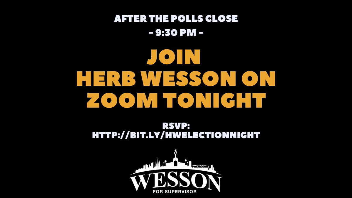 HerbJWesson's tweet photo. Join me this evening for #WessonForSupervisor Election Night Zoom Party. If we can't be together in person, we can still celebrate the hard work of our amazing team. From volunteering at food box giveaways to door hanging, we appreciate YOU!
RSVP: https://t.co/UeRzLu5F3s https://t.co/HY6Sm77y60