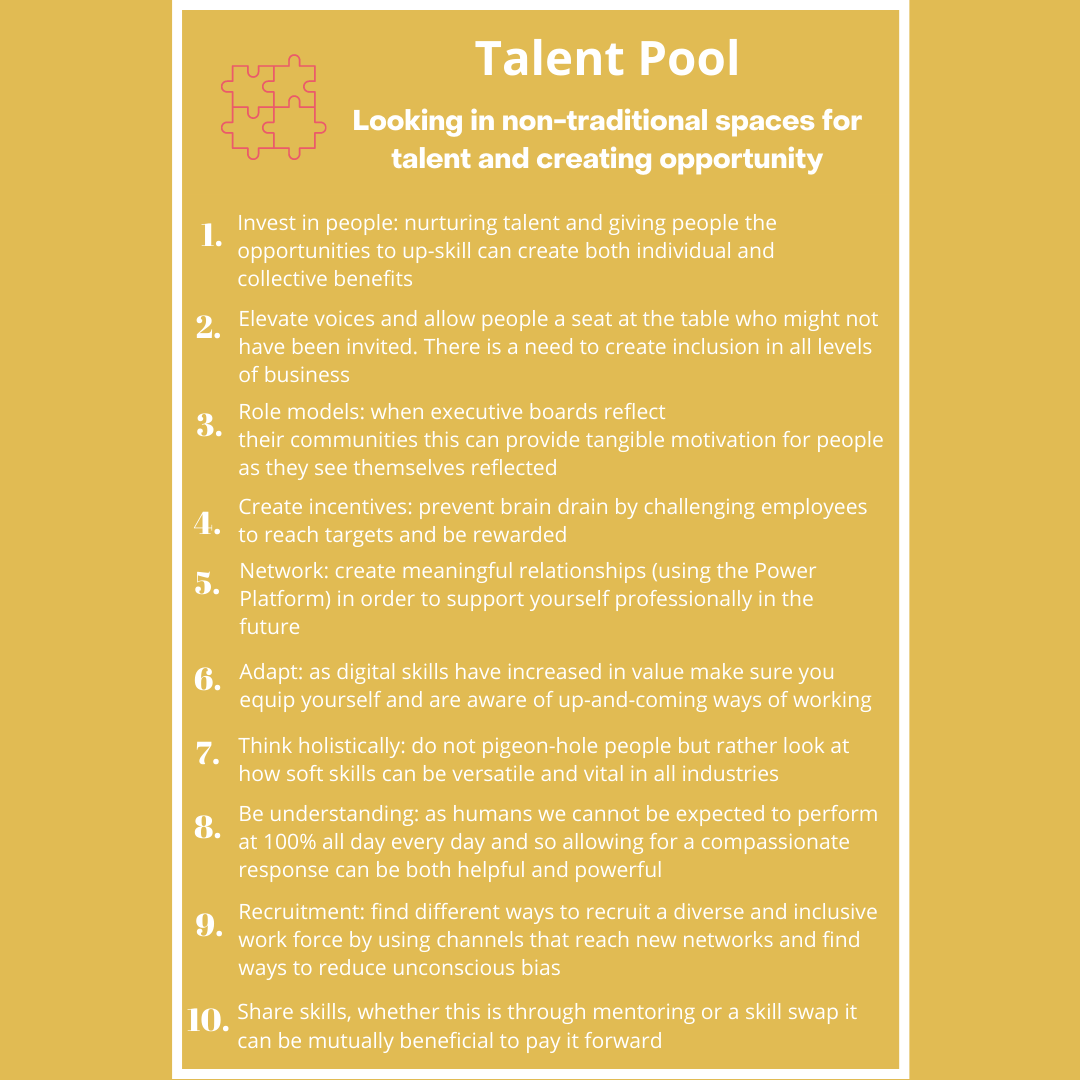 wearepower_net's tweet photo. Our recipes for the new norm - Talent Pool
Looking in non-traditional spaces for talent and creating opportunity.
Read more on page 26 &amp; 27 of the #npwreport
https://t.co/J7yorxtU24 https://t.co/A4eR79UBrk