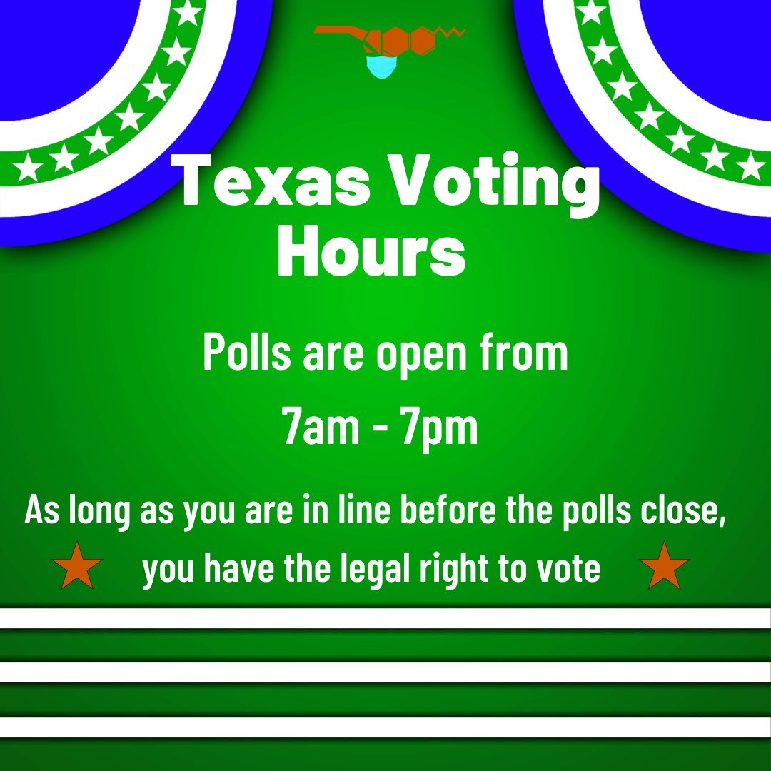 TX_studentmmj's tweet photo. Today is Election Day 

Please exercise your right to vote, the next 4 years depend on it! 🗳

In Texas, the polls are open now until 7:00pm! Get out there and vote! ✅🤘🏽

#Election2020 #Vote  #CannabisCommunity #BeTheChange  #MoreThanAVote https://t.co/f584uXRjTz