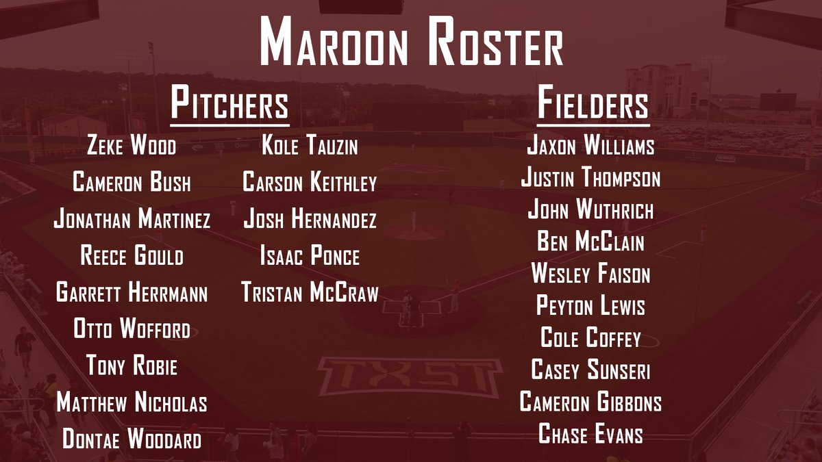TxStateBaseball's tweet photo. Maroon &amp; Gold World Series begins on Thursday at Bobcat Ballpark. The 5-game series will conclude next Wednesday.

🔗: https://t.co/RX3VMN3wSw

#EatEmUp #ComebackStrong https://t.co/DCCpIXfSIl