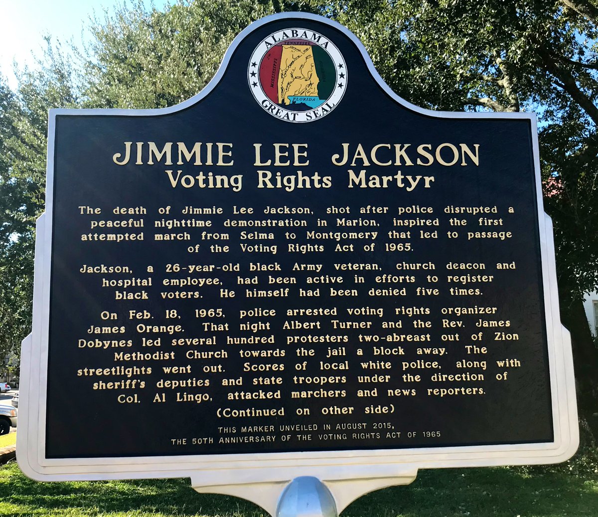 Some Marion, AL, history: The spark that led to the march on Selma & ultimately the Voting Rights Act of 1965 began here w/ the killing of black voting rights activist Jimmie Lee Jackson by a white policeman after cops violently beat black participants in a peaceful demonstration &ndash; bei  Perry County Courthouse