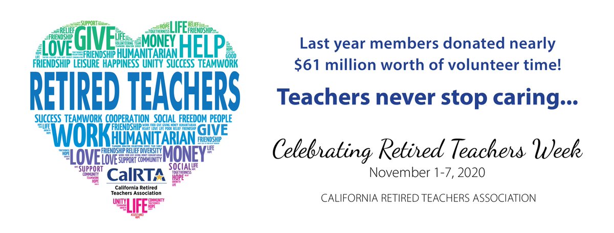Happy #RetiredTeachersWeek! The week of Nov. 1-7 is CA’s 22nd annual Retired Teachers Week.

Since 1998, @calrta4teachers has sponsored the week as a way to spotlight members’ extensive volunteerism and to encourage others to do the same.

Learn more at calrta.org