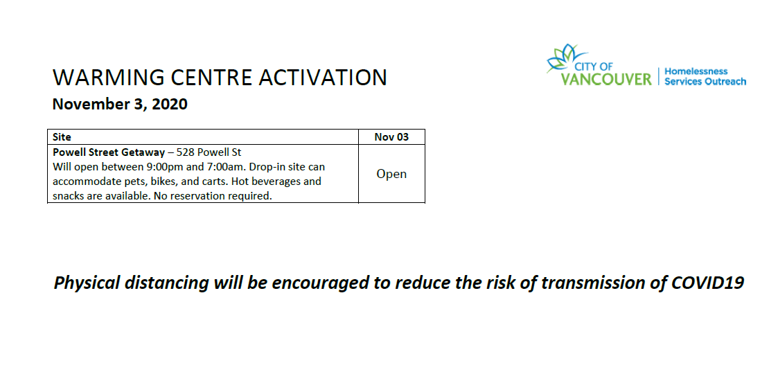 CityofVancouver's tweet photo. PLEASE SHARE: Additional shelter spaces are available tonight (Nov 3) and a warming centre will open due to an Extreme Weather Alert. 

Physical distancing will be encouraged to reduce the risk of transmission of #COVID19. 

Details ⬇️ https://t.co/fgjdSkiGN5