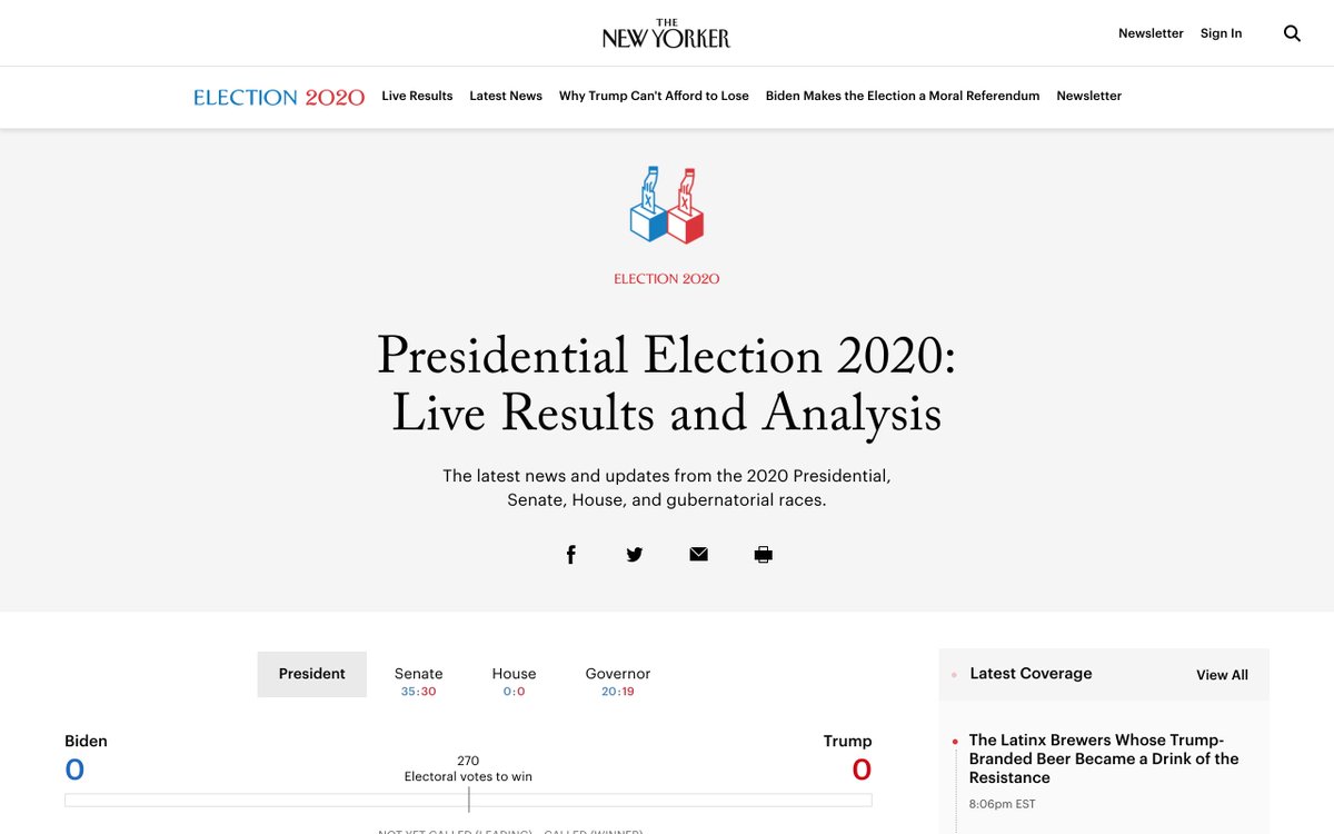 Election results dashboards from a few more US newsrooms (and one Australian one):  NPR:  https://apps.npr.org/elections20-interactive/#/president BBC:  https://www.bbc.com/news/election/us2020/results The New Yorker:  https://www.newyorker.com/news/election-2020/live-2020-presidential-election-results The Age :  https://www.theage.com.au/world/north-america/us-election-2020-results-20201102-p56ars.html