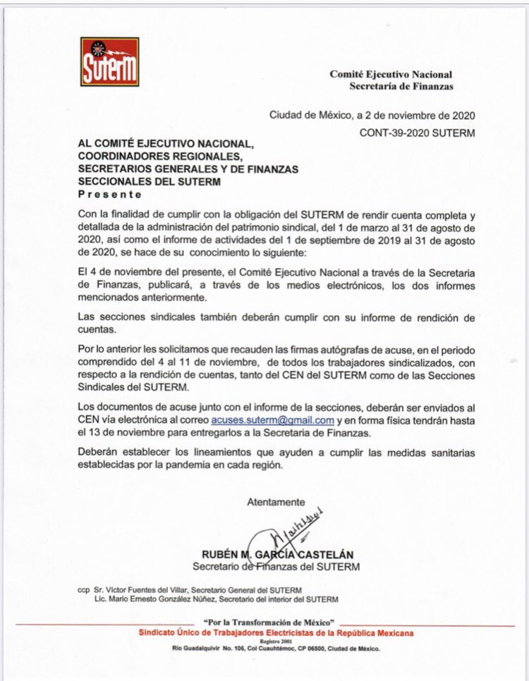 SUTERM_NACIONAL's tweet photo. Circular, Secretaria de Finanzas del CEN, 2 de noviembre https://t.co/DwzbRo7nPg