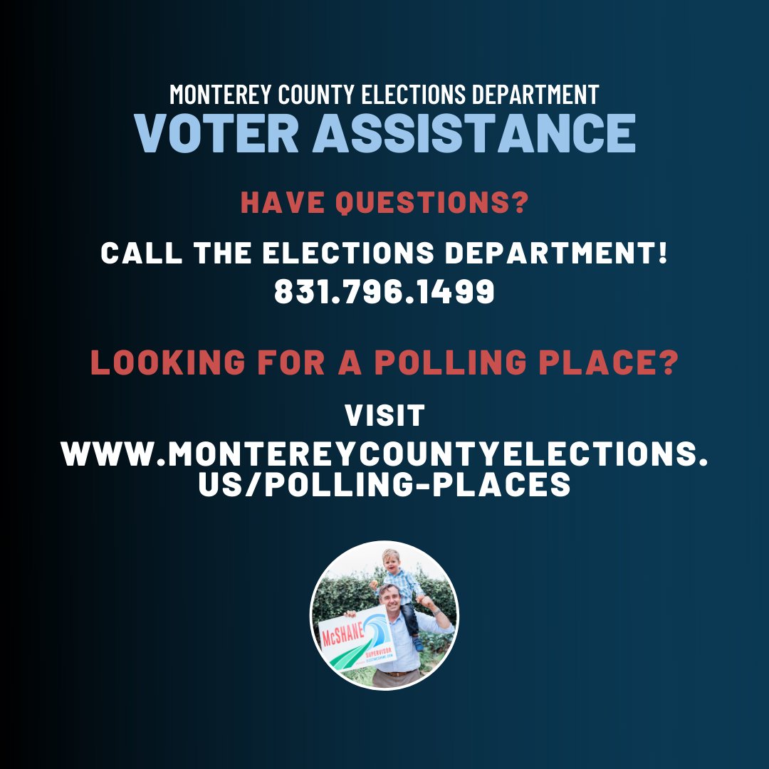 60% of District 4 voters have returned their ballots! You can reach the Elections Department by calling (831) 796-1499 for voter assistance if you have any questions and visit them online for a full list of polling places. You can also send me a message! #electmcshane2020 #vote