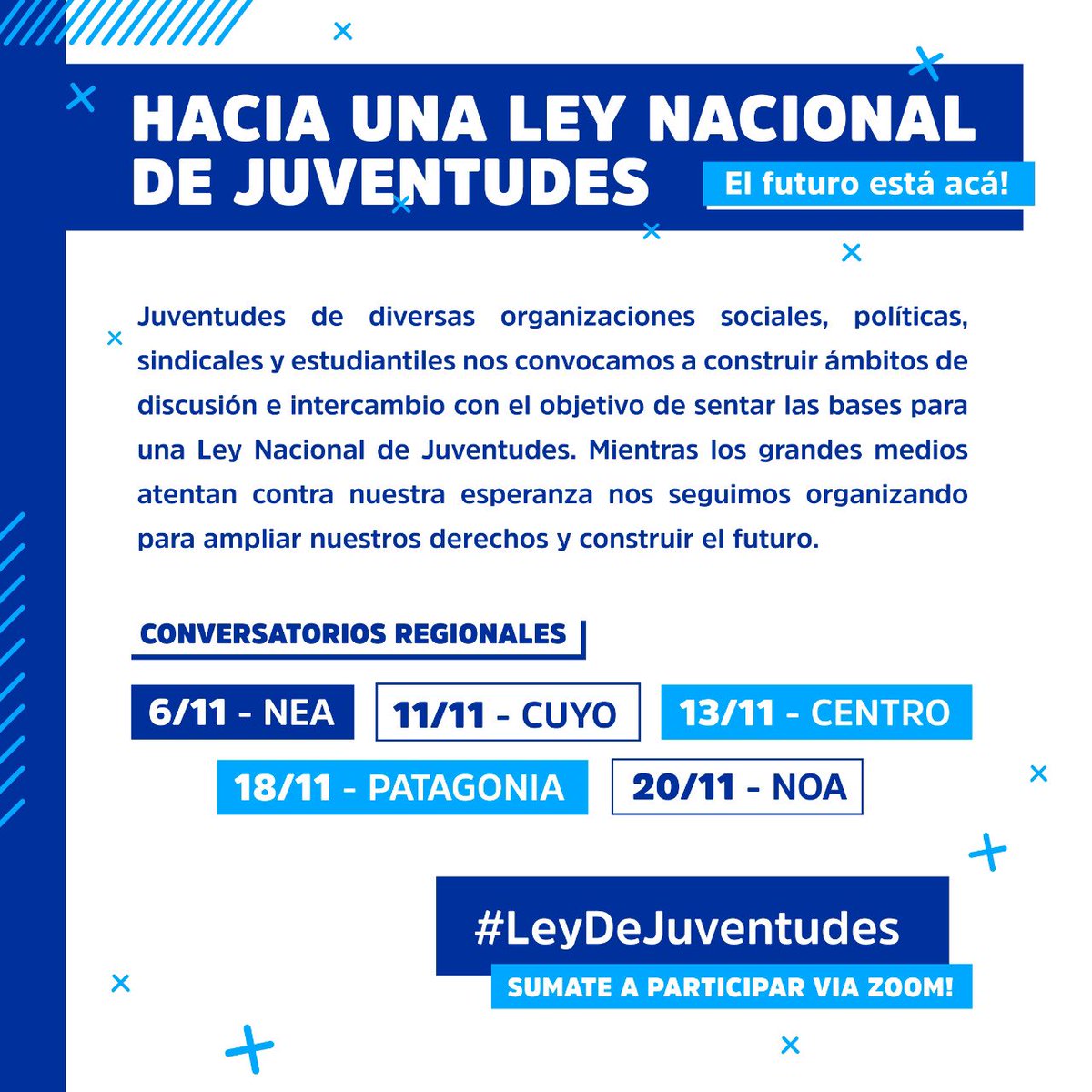 ConsejoJp's tweet photo. Este viernes 6/11 súmate a participar del 1er Conversatorio Regional por una Ley Nacional de Juventudes.
➡️ Inscribite aca: https://t.co/yjqDPWXuZQ 🖊️📘   

No te lo pierdas! ✨

#LeyDeJuventudes
#JuventudUnida
#ConsejoFederalJP https://t.co/oF4Lyf1XRM