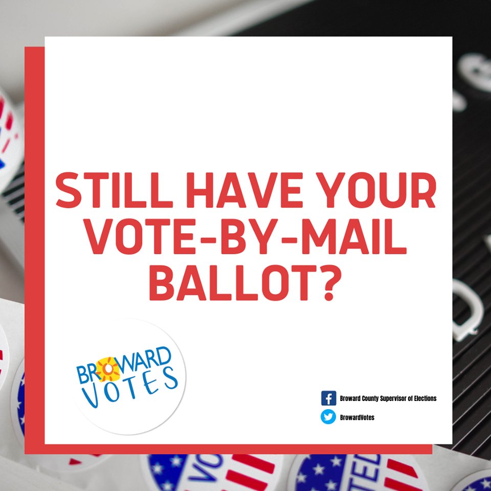 You can still drop off your Vote-By-Mail ballot at one of <a href="/BrowardVotes/">Broward SOE</a> office location drop boxes until 7:00pm tonight! Boxes are located at the Lauderhill Mall Voting Equipment Center and the Brickell Ave entrance to the SOE office.