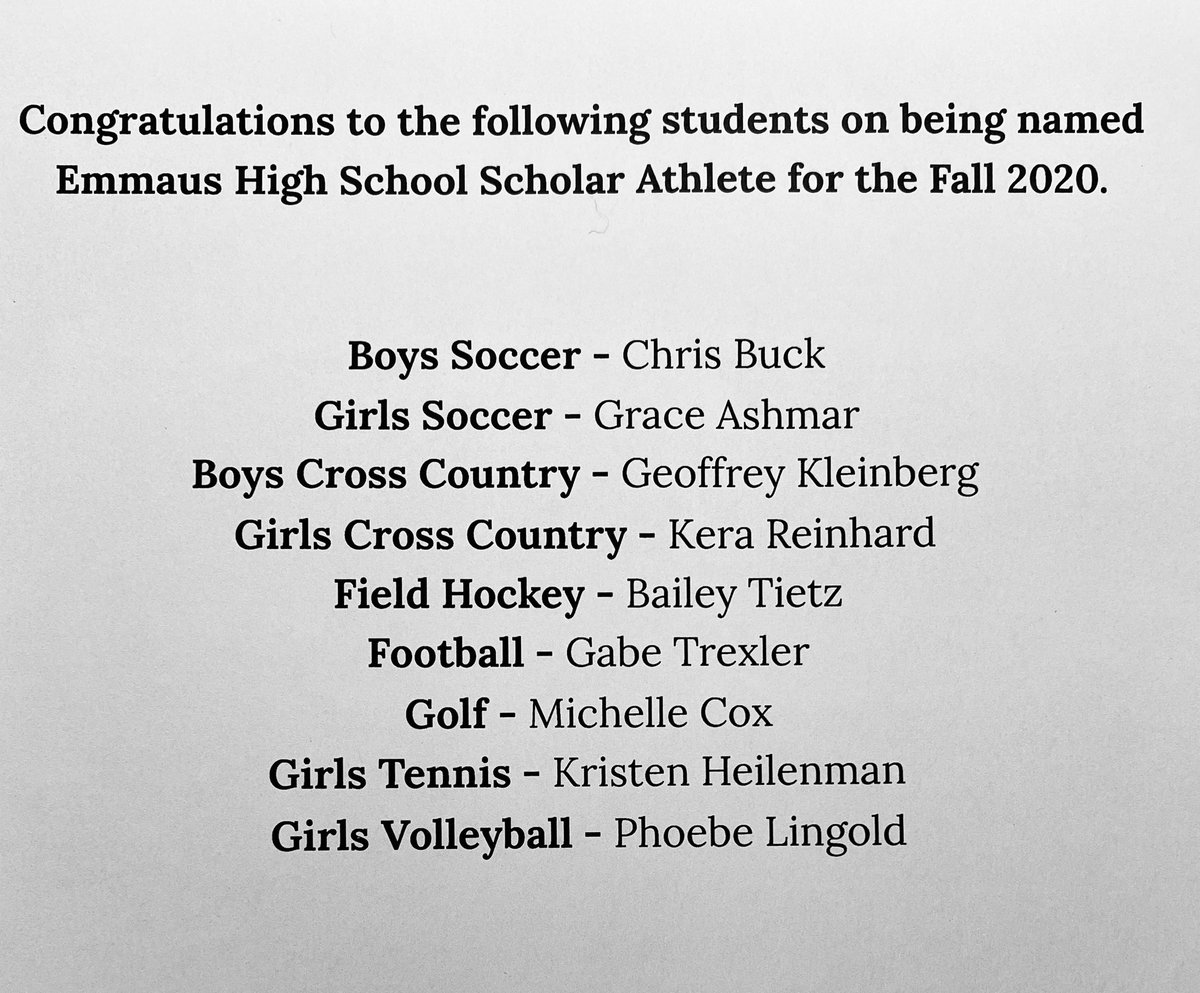 StingerEHS's tweet photo. Congratulations to the 9 Emmaus seniors who were named EHS Scholar Athlete for the Fall.  Impressive!  🙌🏼🏆🥇 https://t.co/lmp35niVG5
